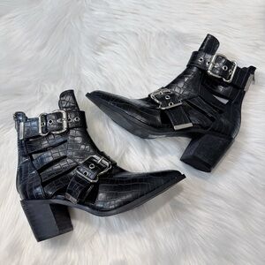 Black Croc-Embossed Ankle Boots with Buckles